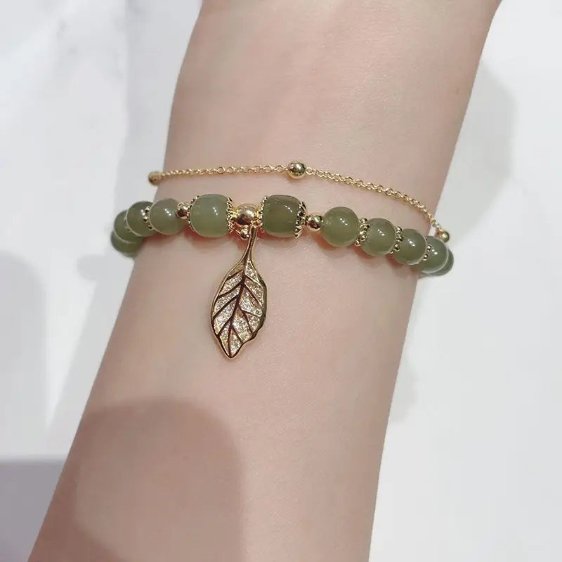 Exquisite Green Jade Bracelet for Women with Gold Leaves - Smarsty