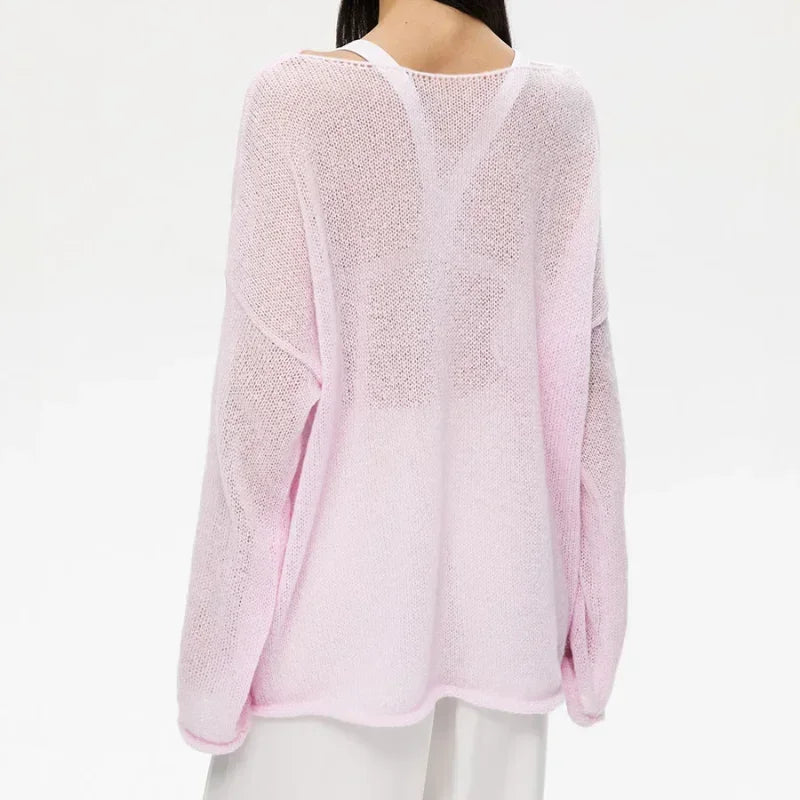 Elegant Sweater Women 2024 Summer Autumn Casual Fashion Loose Women Pullovers Chic Pink White Jumper Sueter Mujer - Smarsty