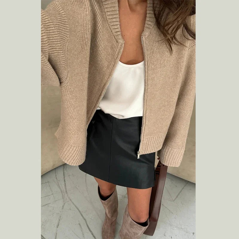 Vintage Knit Women Cardigan Casual Full Sleeve Zipper O Neck Pleated Solid Lady Sweater 2025 Autumn Fashion Female Knitwear - Smarsty