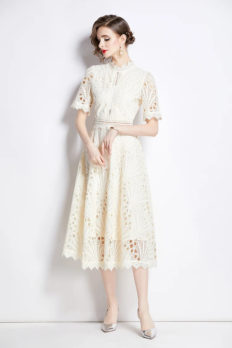 H Han Queen Spring New Elegant Casual Work Party Dresses Floral Crochet Hollow Out Lace Patchwork Casual Office Midi Dress - Smarsty