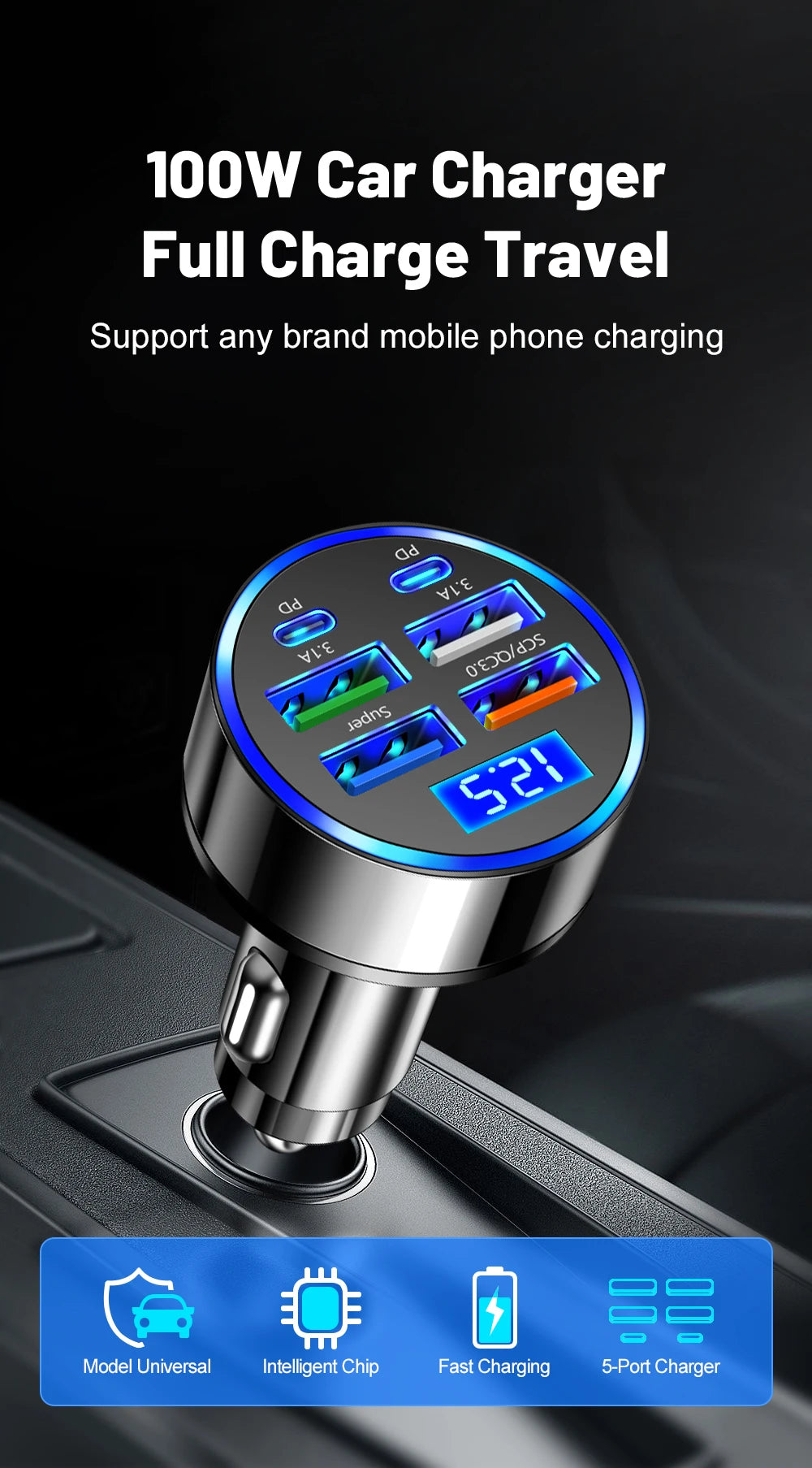 Ultra High Efficiency Car Charger With PD QC30 Six Ports - Smarsty