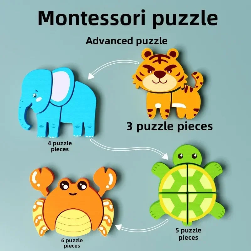 Montessori Cartoon 3D Wooden Puzzle Animal Traffic Jigsaw Toys for Kids Early Learning Educational Cognitive Game Children Gifts by Smarsty