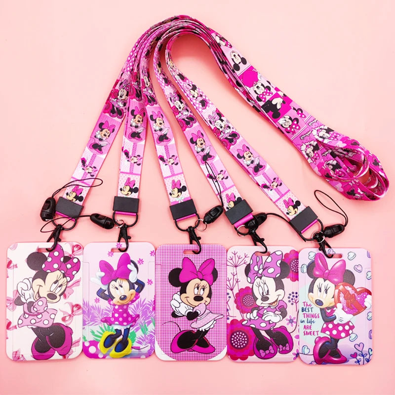 Disney Pink Lanyard ID Badge Holder Mickey Credit Card Case Neck Strap Minnie Card Holders Girl Credentials Accessories Keychain
