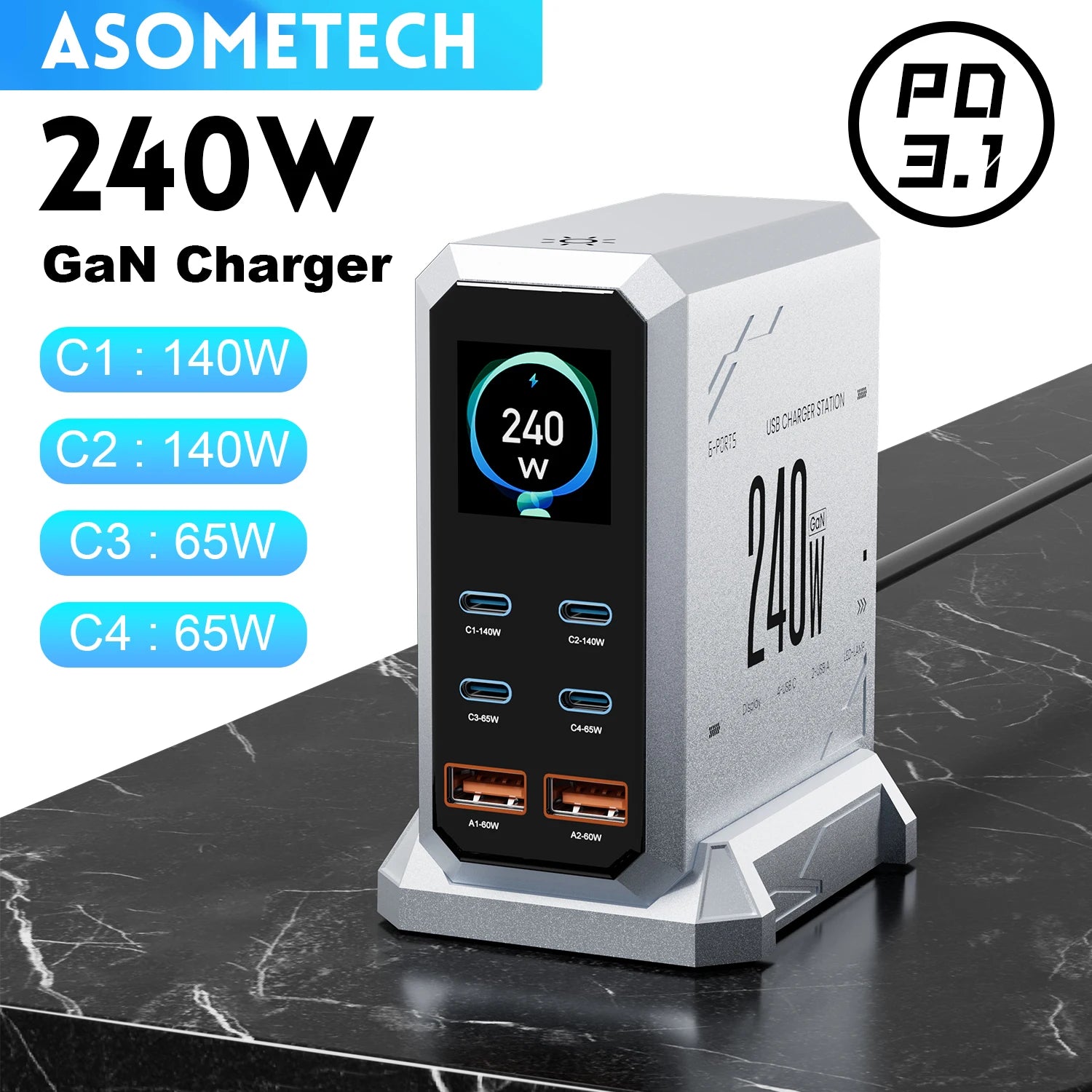 GaN Charger 6 Port USB C PD Desktop RapidChargeProMax - Smarsty