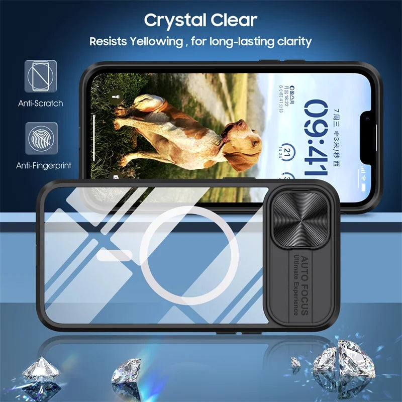Slide Camera Lens Acrylic For Magsafe Magnetic Wireless Charging Case For iPhone 15 14 Plus 13 12 11 Pro Max XR X S 7 8 Cover