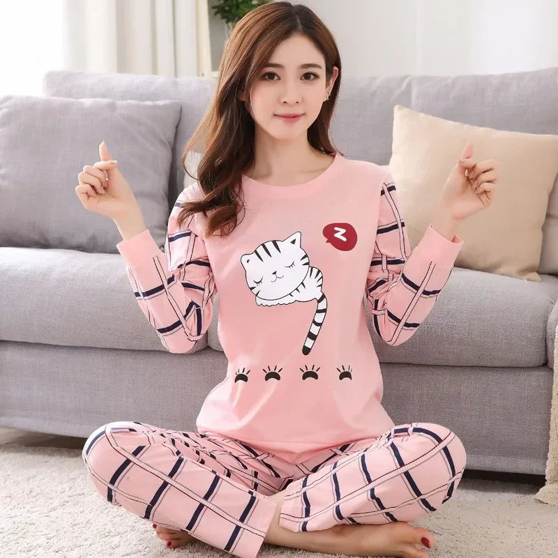 Autumn Thin 2pieces Pyjamas Set Women 2025 Round Neck Girls Bear Pajamas Sets Teacup Cat Full Sleepwear Tops lovers Pajama Mujer - Smarsty