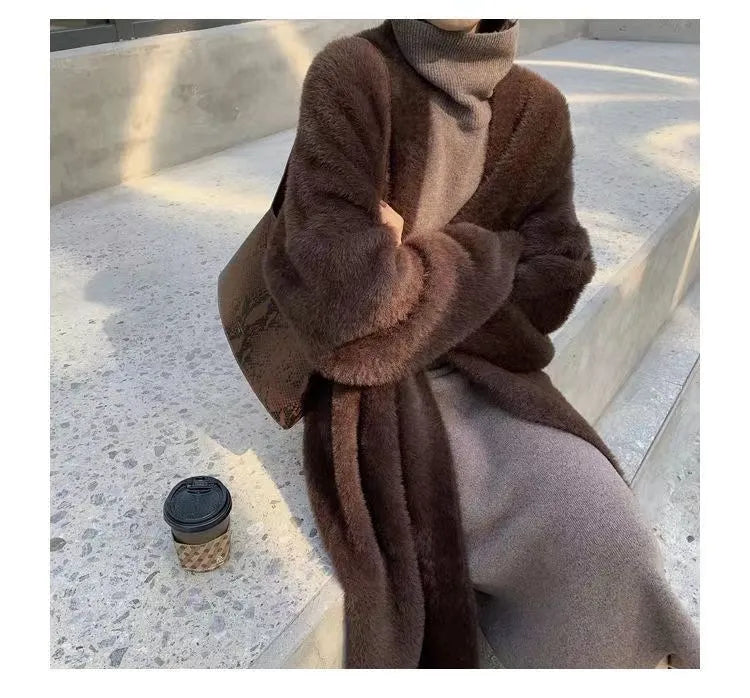 white Long Cardigan for women 2025 new winter clothes Knitted fluffy long sleeve Cashmere sweater coat korean style warm vintage - Smarsty