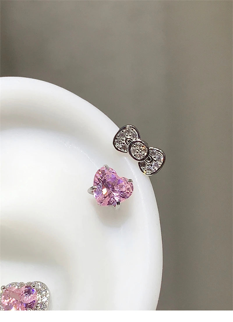Stainless Steel Heart Bowknot Zircon Stud Earrings Cute - Smarsty