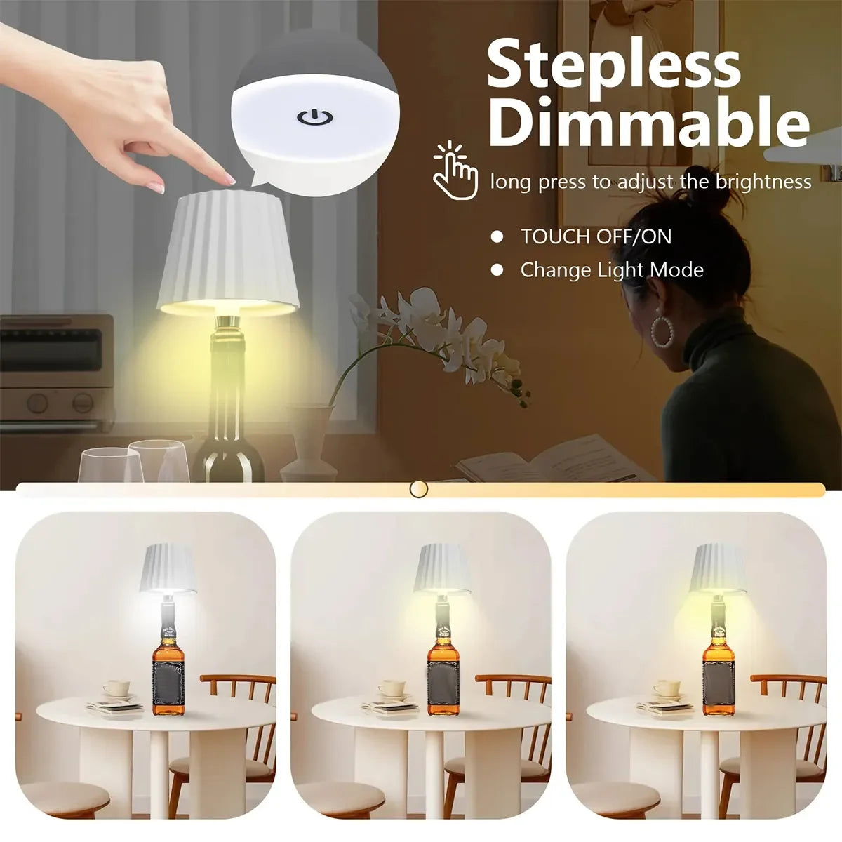 Wireless Bottle Lamp with 3-Color Touch Control - Smarsty
