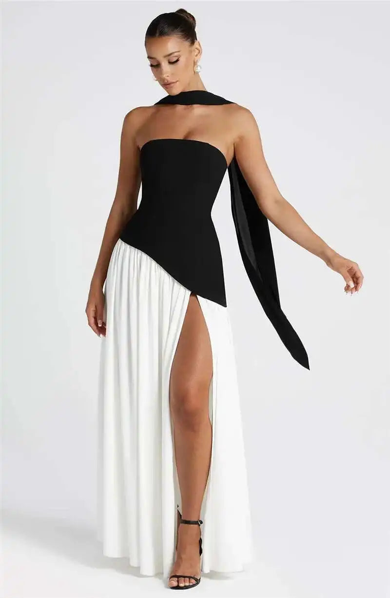 Mozision Strapless Off-shoulder Sexy Maxi Dress For Women Gown Patchwork Scarf Collar Thigh High Split Club Party Long Dress - Smarsty