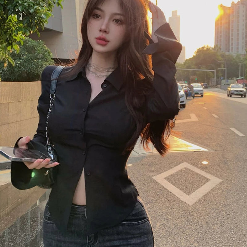 Gidyq Fashion Women Bandage Shirts Korean All Match Streetwear Female Slim Blouse Spring Casual White Bell Sleeve Shirt New - Smarsty