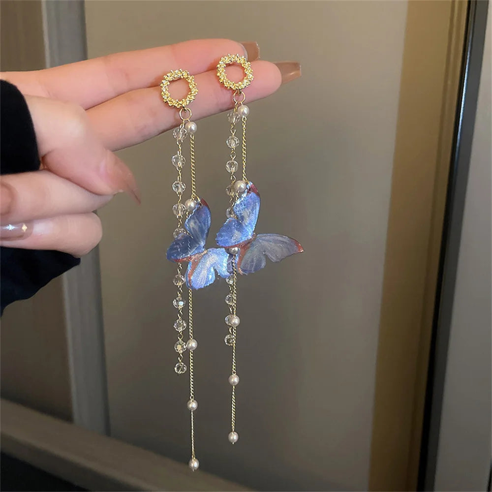 Luxury Women’s Zircon Crystal Pearl Butterfly Tassel Earrings - Smarsty