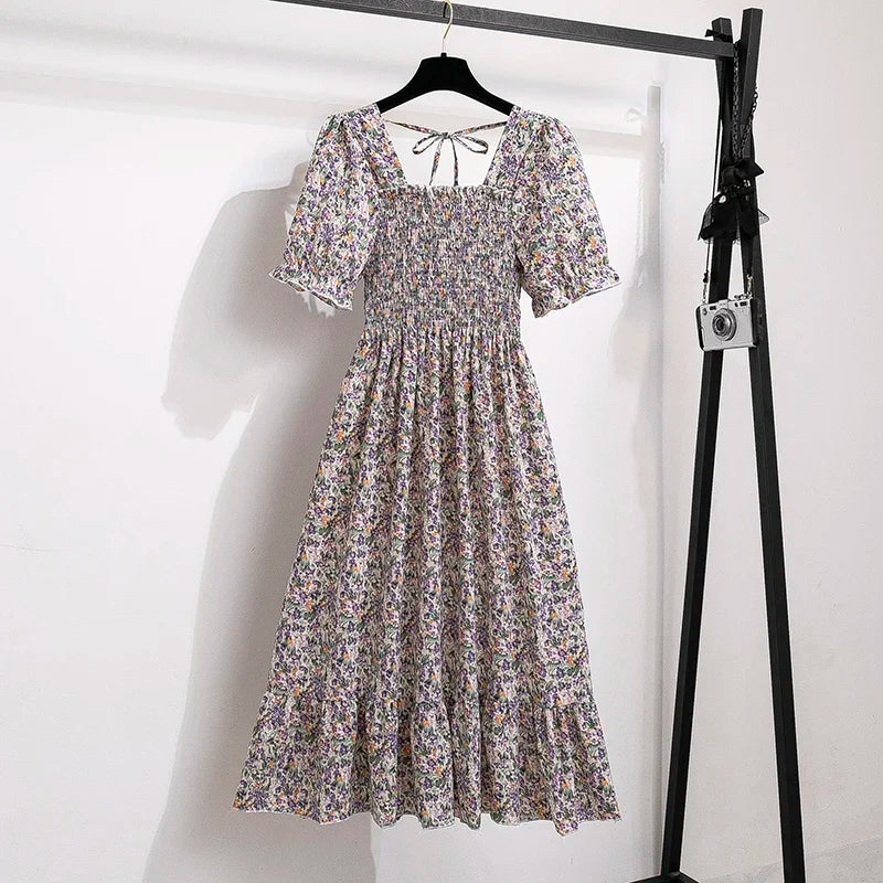 Spring Summer Chiffon Dresses Fashion Female Elastic Waist Short Sleeve Pleated Casual Dress Women A-line Dresses Vestidos - Smarsty