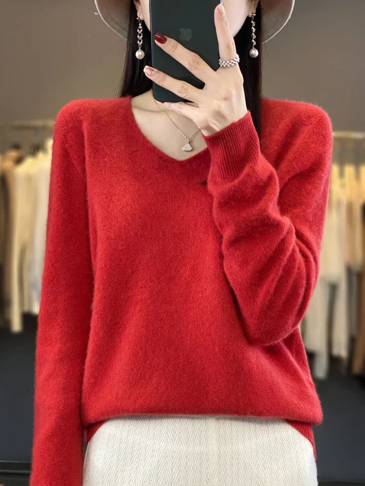 Fashion100% Merino Wool Sweater Cashmere Pullover Women Knitwear V-Neck Long Sleeve Autumn Winter Fashion Basic Clothing Tops - Smarsty