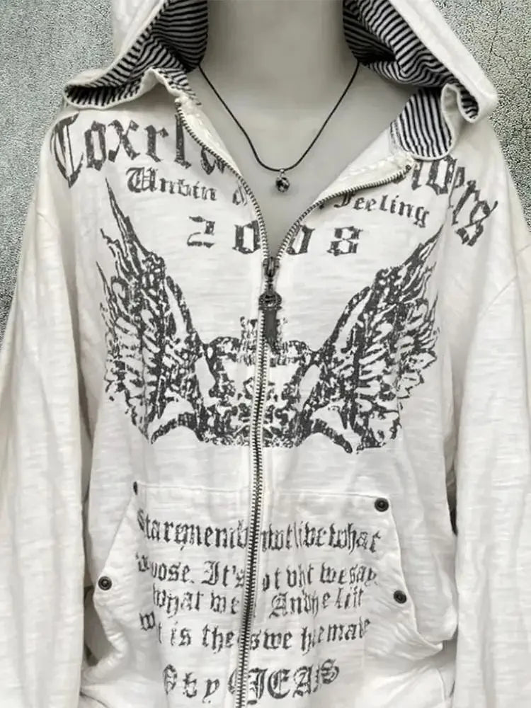 Vintage Sweatshirts 2025 Women's Clothes White Print Tunic Hooded Y2k Coat Streetwear Fashion Casual Hoodies Tops Ropa Mujer