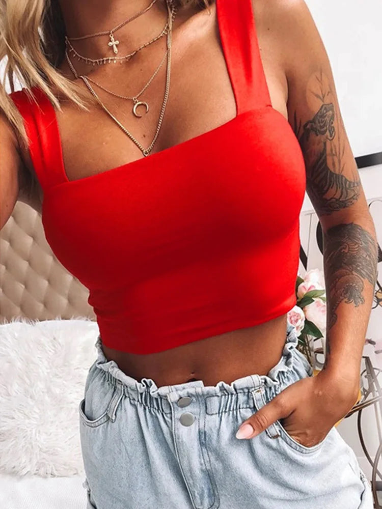 Square Neck Sleeveless Summer Crop Top White Women Black Casual Basic T Shirt Off Shoulder Cami Sexy Backless Tank Top - Smarsty