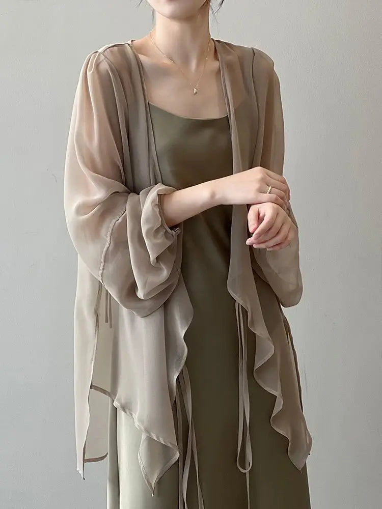 Shirts Women V-neck Loose Long Sleeve Open Stitch Korean Style Lace-up Simple Solid Summer Chiffon Breathable Minimalist Stylish - Smarsty