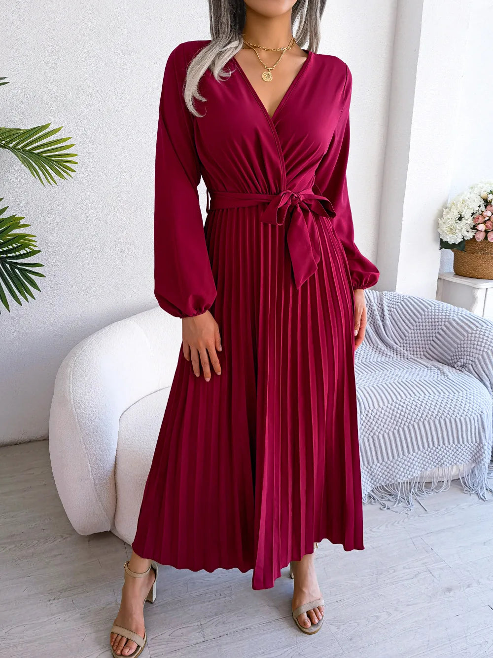 Women Elegant V Neck Long Sleeve Pleated Maxi Dress - Smarsty