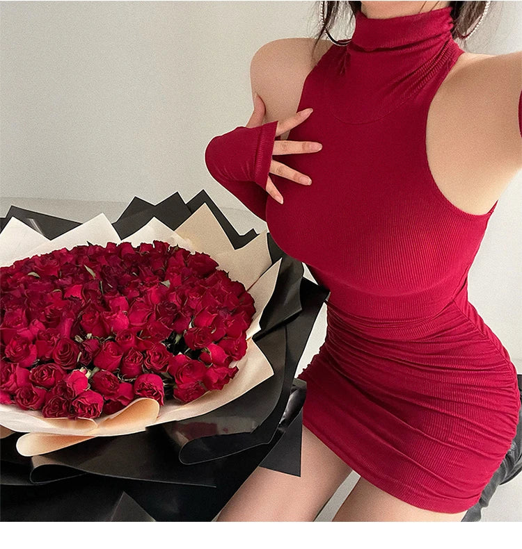 Summer Sexy High Neck Tight Dress Oversleeve Pleated Bottom Wrapped Hip Dress Women Bodycon - Smarsty