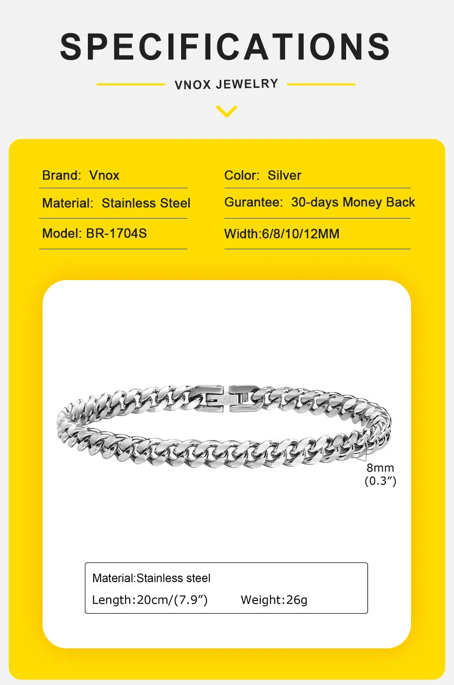 Vnox Stainless Steel Cuban Chain Bracelet for Men Women - Smarsty