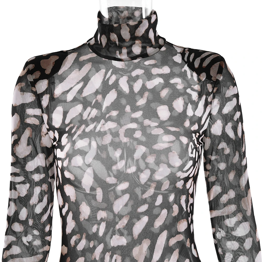Fantoye Turtleneck Sexy Sheer Print Leopard Bandage Women Dress Long Sleeve Mini Dress Lady Spring Slim Elegant Party Club Dress - Smarsty