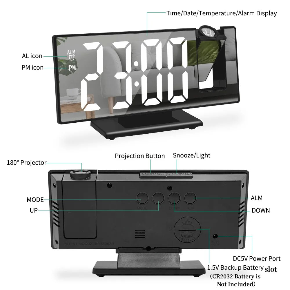 180 Degree Projection Alarm Clock with USB Charging - Smarsty