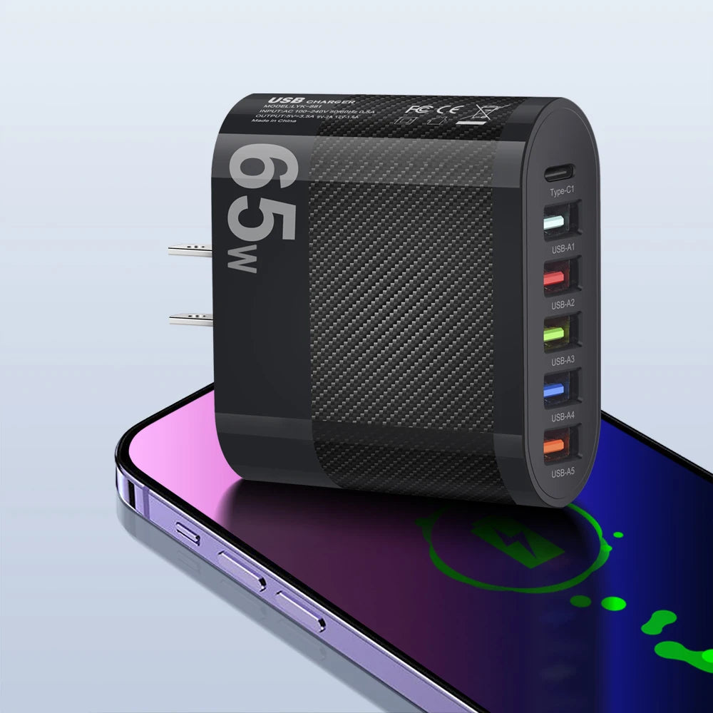 65W USB Charger Includes Six Ports Ultra Fast Type C - Smarsty
