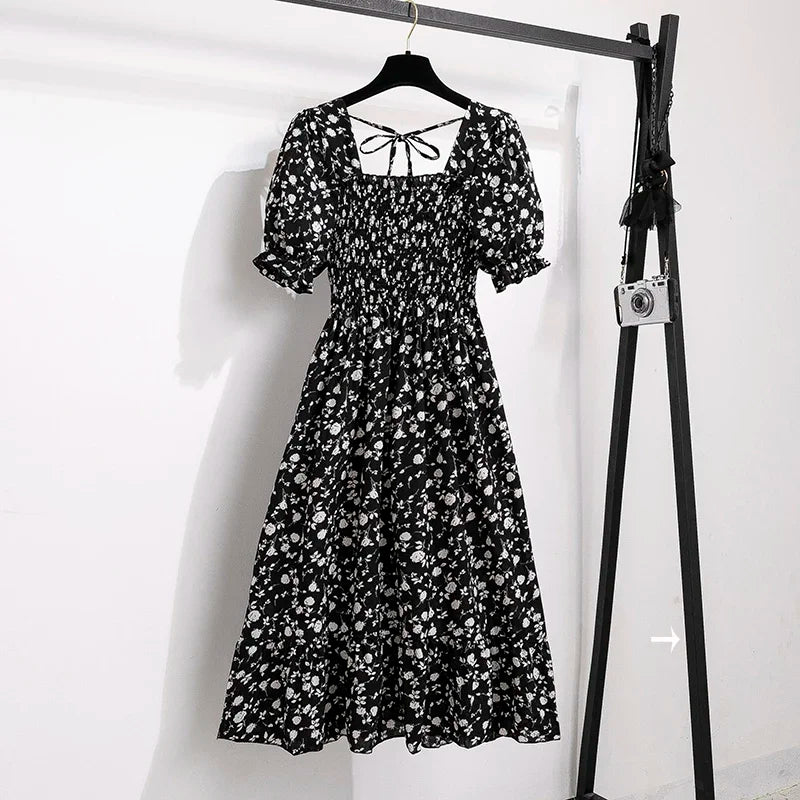 Spring Summer Chiffon Dresses Fashion Female Elastic Waist Short Sleeve Pleated Casual Dress Women A-line Dresses Vestidos - Smarsty