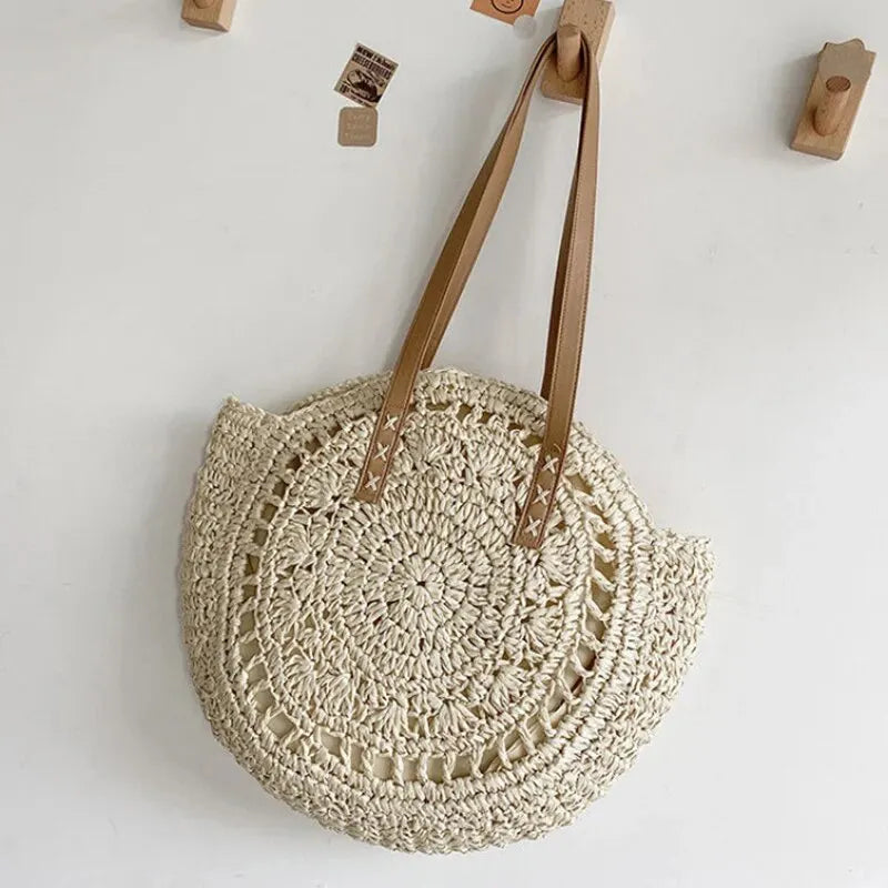 Round Straw Beach Tote for Women Large Capacity Bag - Smarsty
