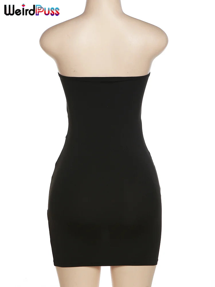 Weird Puss Party Strapless Dress Women Patchwork Mesh Summer Trend Sleeveless Midnight Sexy Hip Mini Bodycon Skinny Clubwear - Smarsty