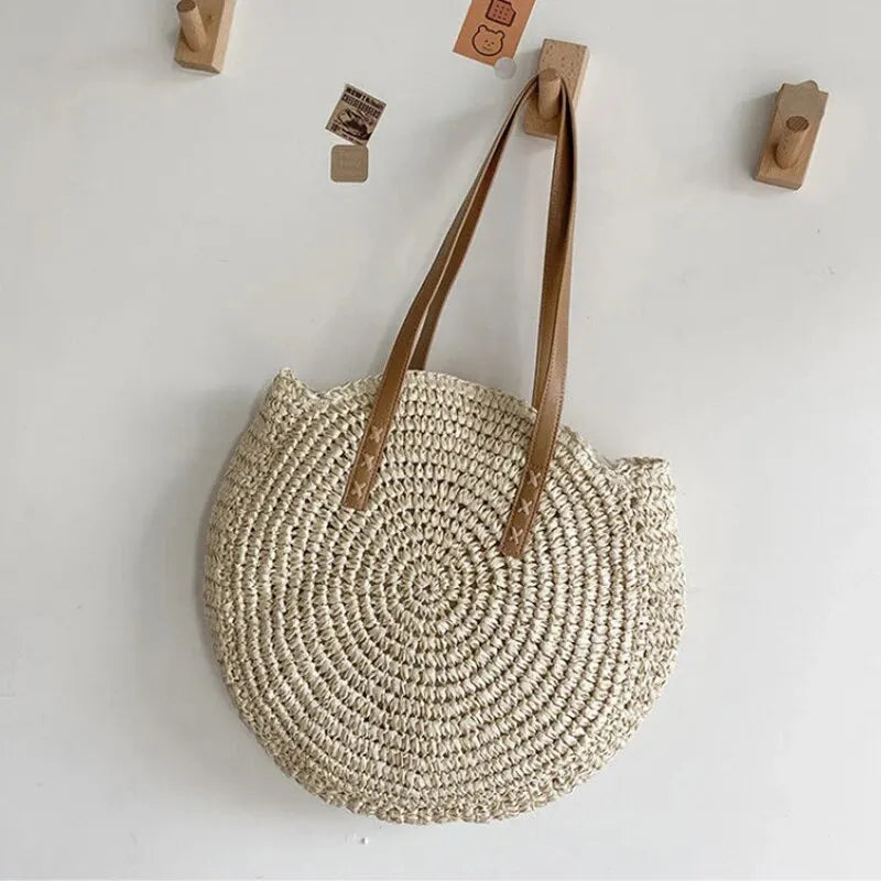 Round Straw Beach Tote for Women Large Capacity Bag - Smarsty