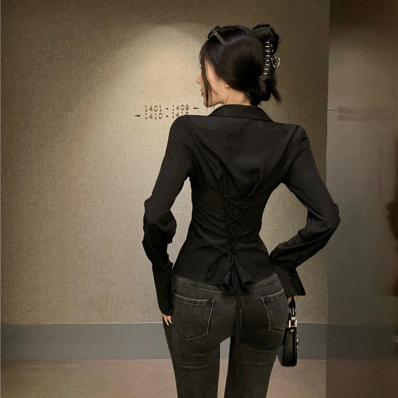 Gidyq Fashion Women Bandage Shirts Korean All Match Streetwear Female Slim Blouse Spring Casual White Bell Sleeve Shirt New - Smarsty