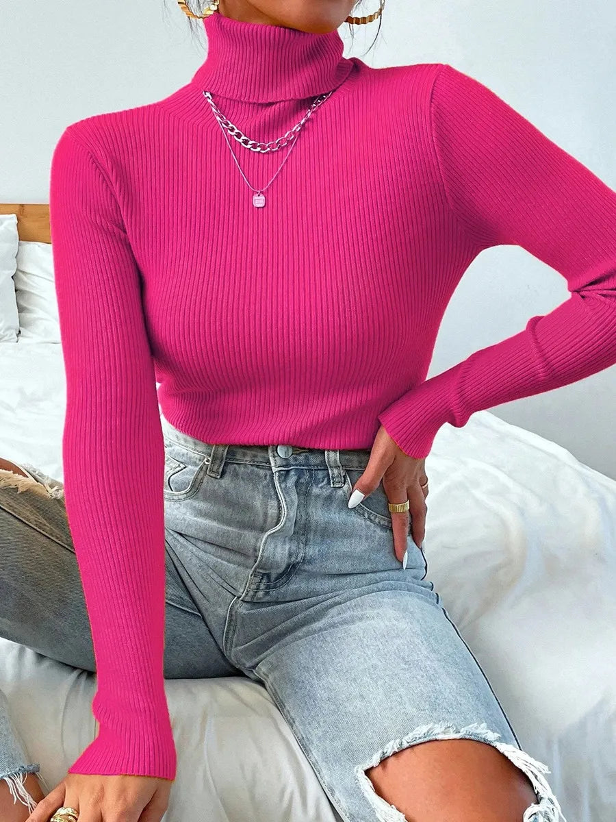 2025 Autumn Winter Women Long Sleeve Knitted Foldover Turtleneck Ribbed Pull Sweater Soft Warm Femme Jumper Pullover Clothes - Smarsty