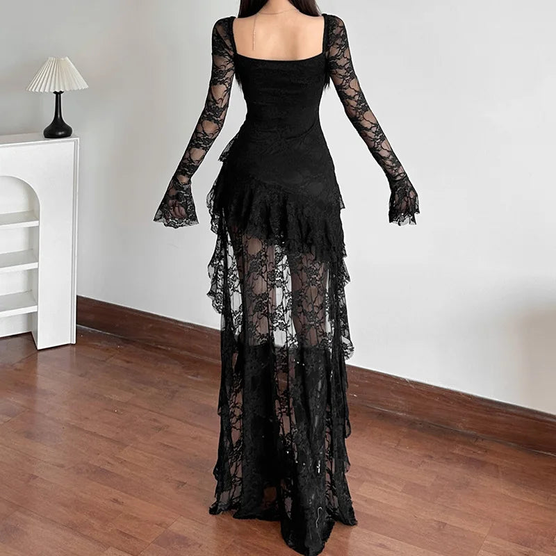 Goth Dark Fairycore Lace Flare Sleeve Square Neck A-line Dress Sweet E-girl Irregular Long Hem Dresses Cyber Y2K Party Vestido - Smarsty