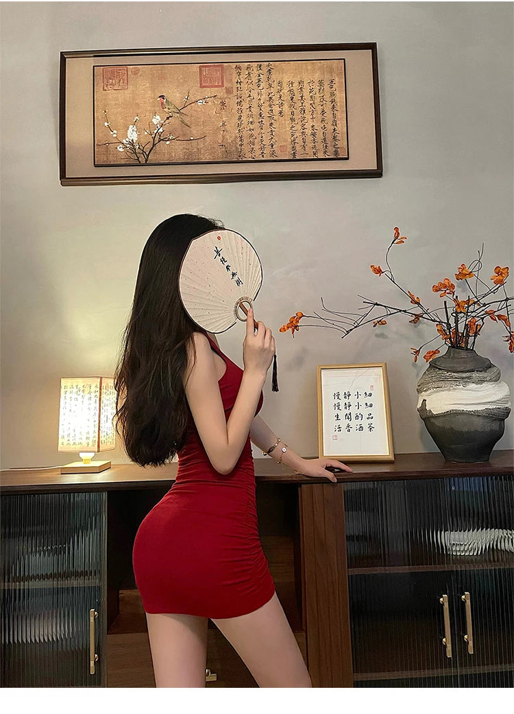 Summer Sexy High Neck Tight Dress Oversleeve Pleated Bottom Wrapped Hip Dress Women Bodycon - Smarsty
