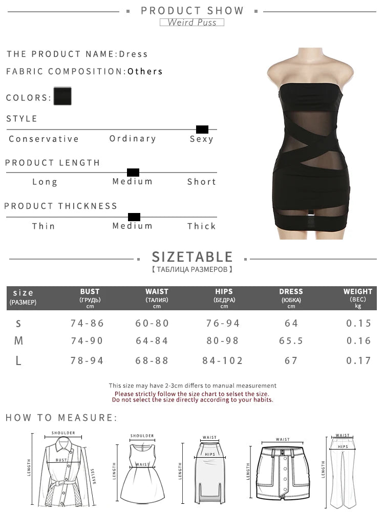 Weird Puss Party Strapless Dress Women Patchwork Mesh Summer Trend Sleeveless Midnight Sexy Hip Mini Bodycon Skinny Clubwear - Smarsty