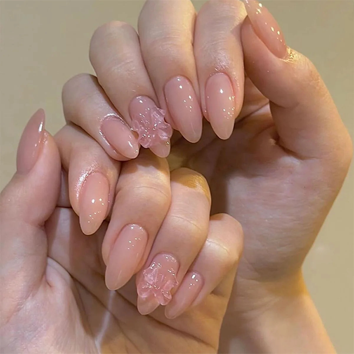 24 Piece Pink Almond Fake Nail Set With Bowknot Design - Smarsty