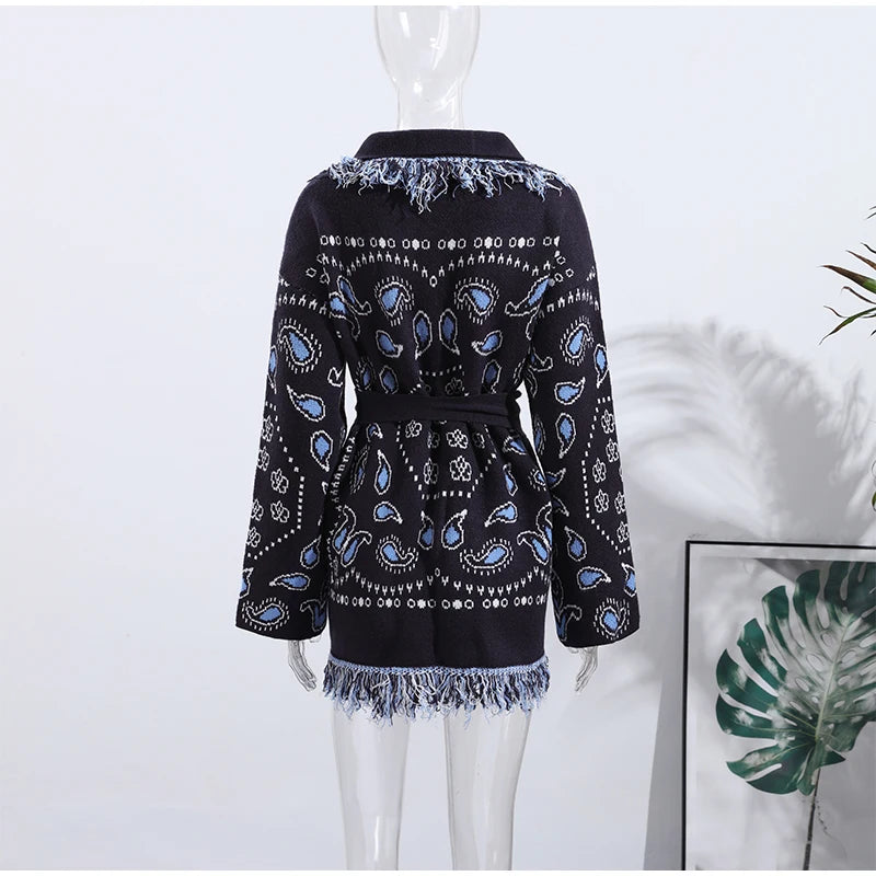 Tassel Patchwork Printed Cardigan Women Geometric Patterns Belts V-neck Long Sleeve Knitted Street Lady Sweater 2025 Autumn Coat - Smarsty