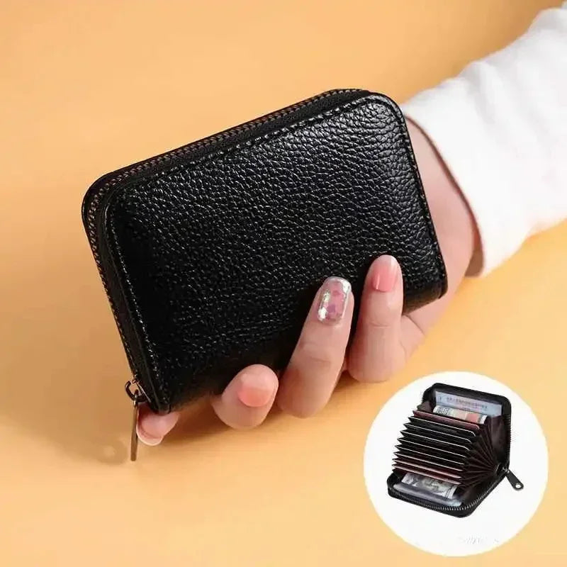 Multi Slot Card Holder Vintage Small Wallet Women Men Business Bank Credit Card Bag Male Coin Pouch Solid Leather Zipper Wallet - Smarsty