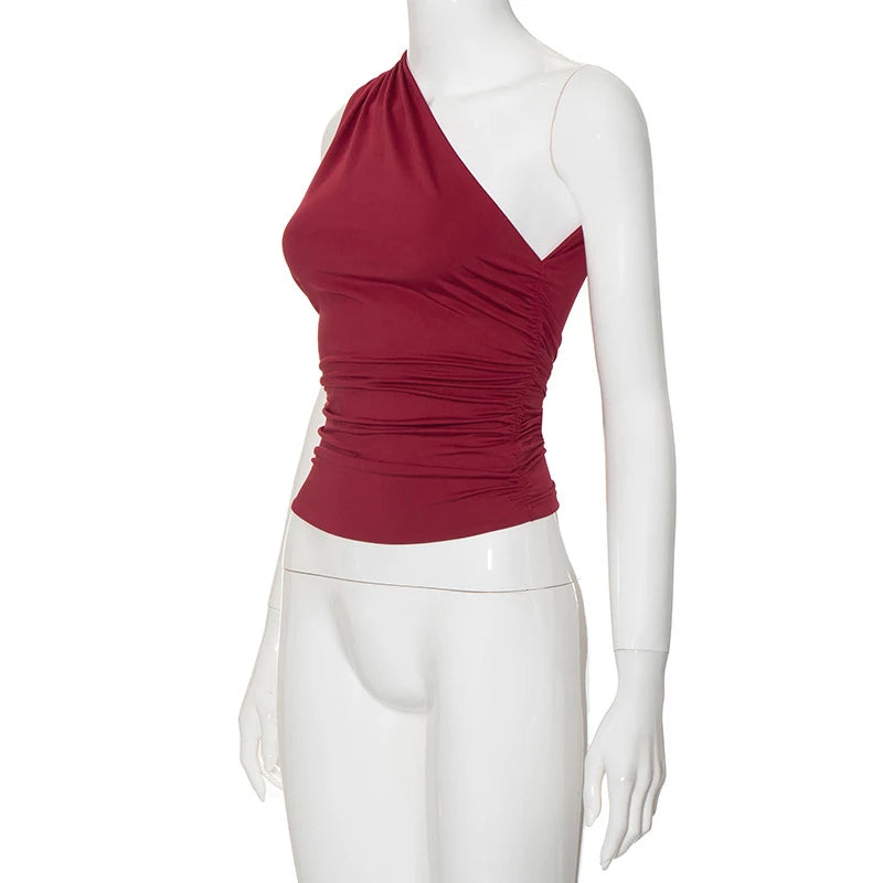 Solid Color One Shoulder Backless Shrink Tank Top T-Shirt Candy Color Tight Sexy Sleeveless Neckless Slim Casaul Top