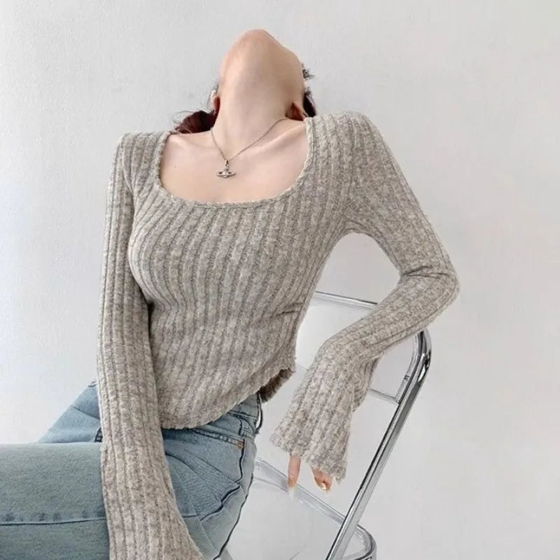 Sexy Pullovers Women Off Shoulder Cropped Knitted Basic Clothes Autumn All-match Side Slit Simple Tender Slim Gentle Seductive - Smarsty