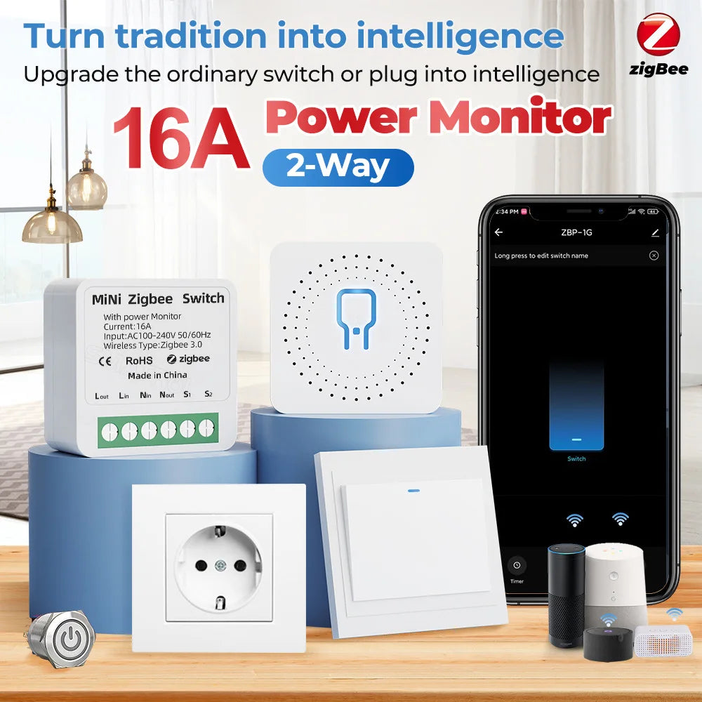 Tuya Zigbee WiFi Mini Smart Switch With Power Monitoring - Smarsty