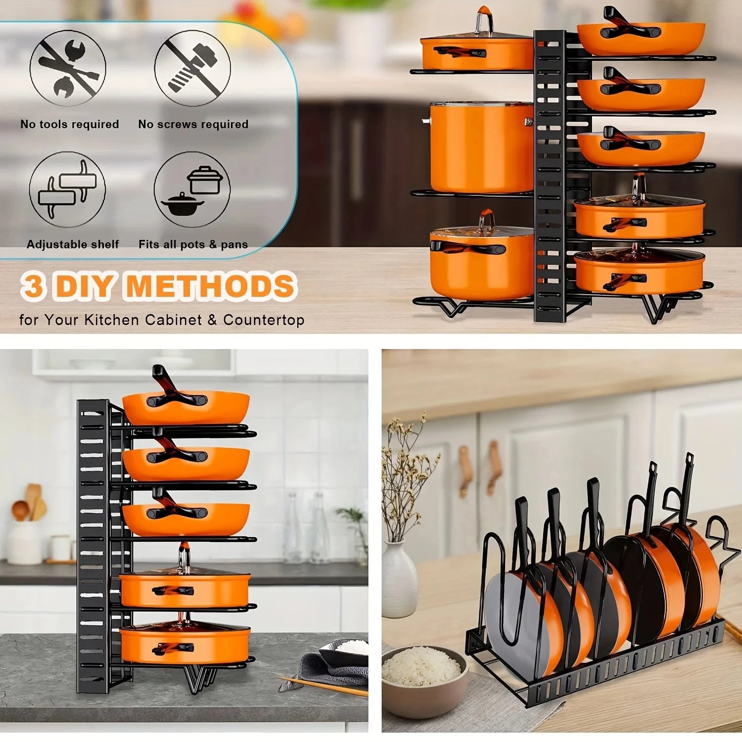 Space-Saving 8-Tier Pot Rack Organizer - Durable Metal Holder for Pans, Pots, and Lids to Keep Your Kitchen Neat and Tidy by Smarsty