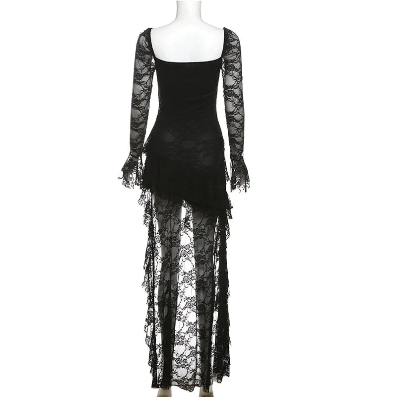 Goth Dark Fairycore Lace Flare Sleeve Square Neck A-line Dress Sweet E-girl Irregular Long Hem Dresses Cyber Y2K Party Vestido - Smarsty