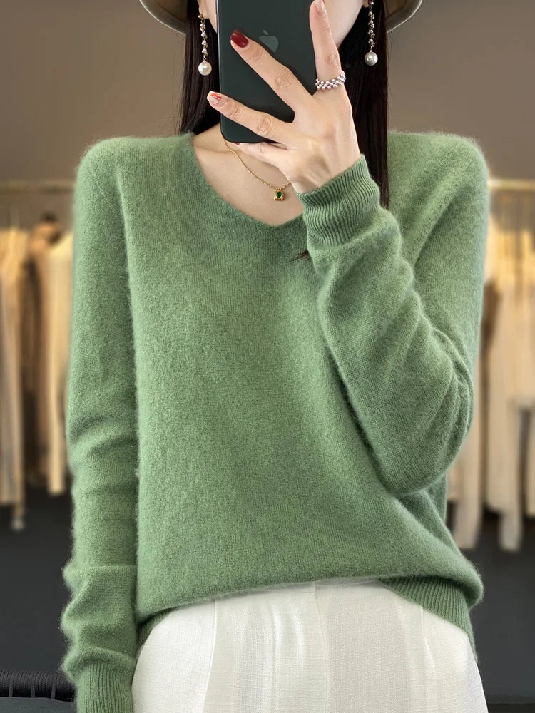 Fashion100% Merino Wool Sweater Cashmere Pullover Women Knitwear V-Neck Long Sleeve Autumn Winter Fashion Basic Clothing Tops - Smarsty