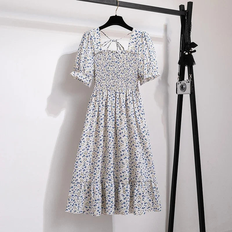 Spring Summer Chiffon Dresses Fashion Female Elastic Waist Short Sleeve Pleated Casual Dress Women A-line Dresses Vestidos - Smarsty