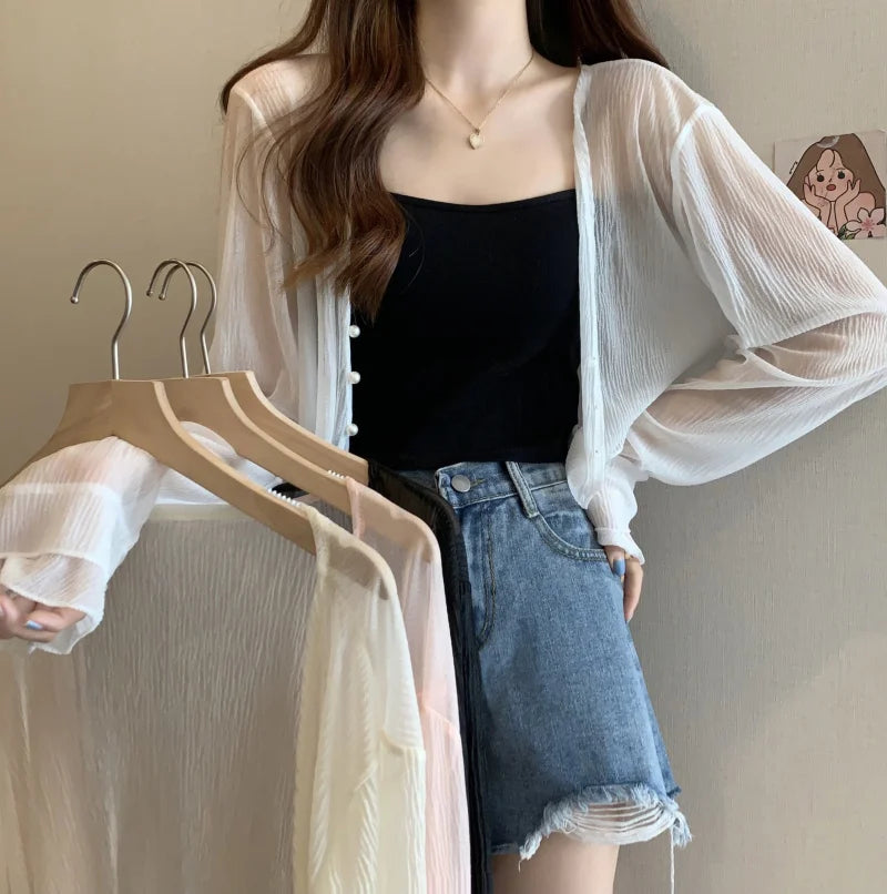 2025 Fairy Style Solid Cardigan Women Summer New Long Sleeve Sunscreen Sweet Beading V-neck Basics Loose Chiffon Cardigan - Smarsty