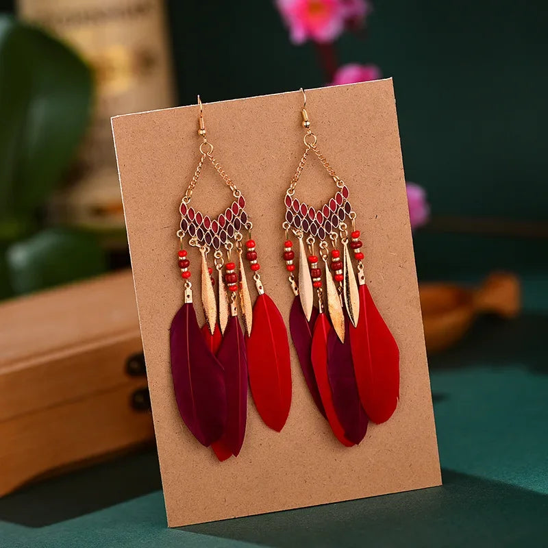 Bohemian Feather Dangle Earrings with Colorful Tassels - Smarsty