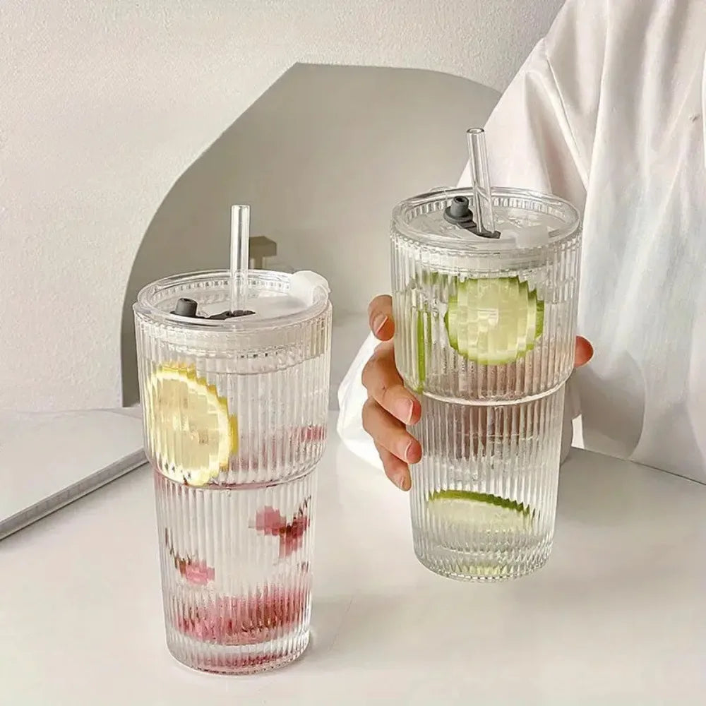 600ml Stripe Glass Cup with Lid and Straw - Smarsty