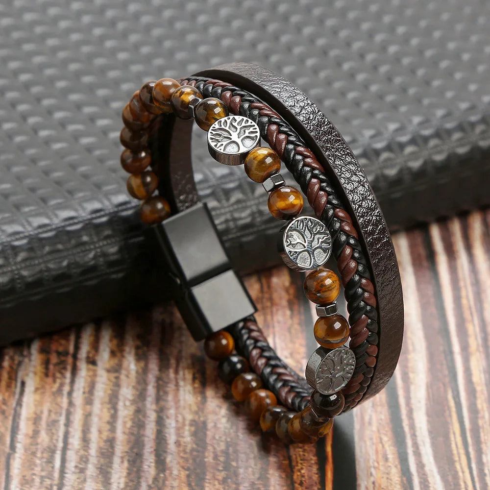 Men Leather Bracelet with Tiger Eye Beads Stylish Gift - Smarsty